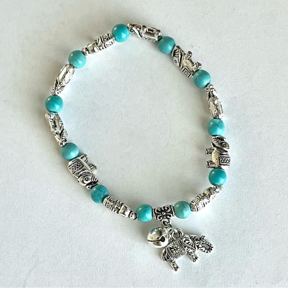 BOGO Beaded Elephant Bracelet with Silver Tone and Turquoise Beads and a Bell